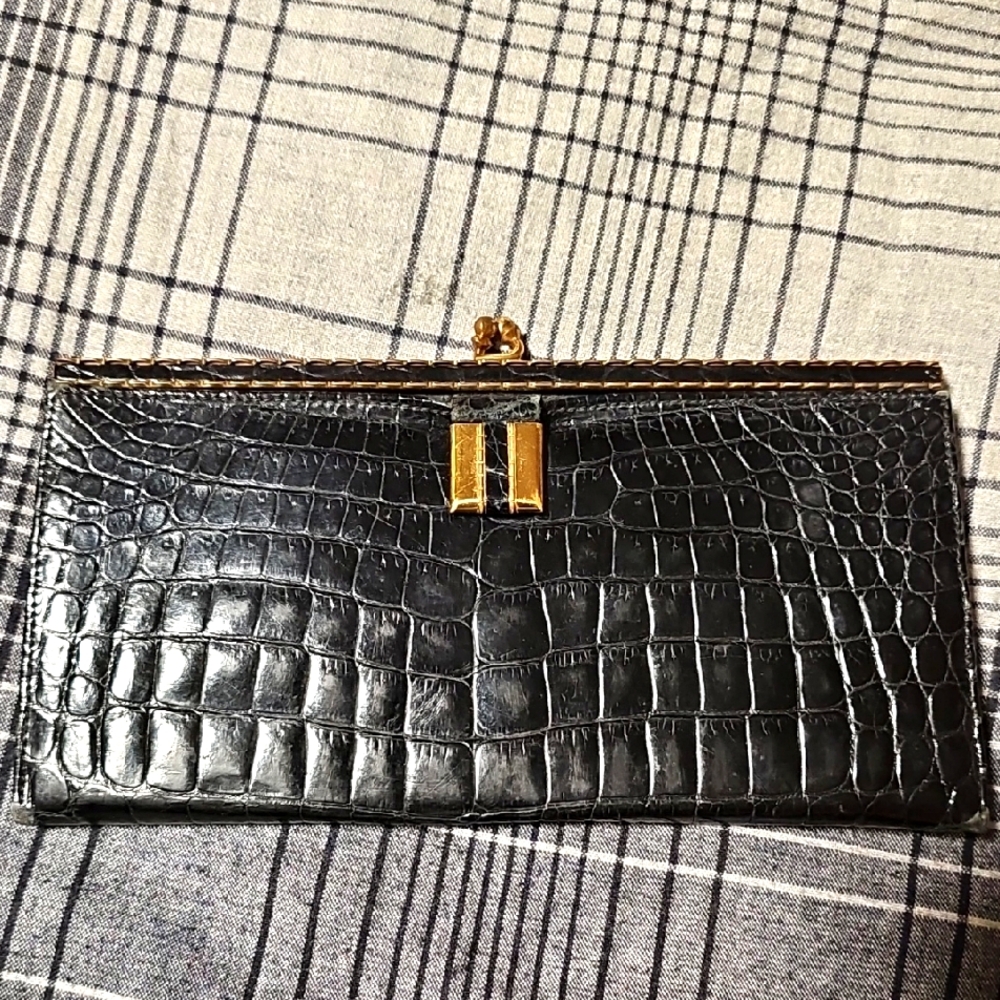 Antique Elegant Black Crocodile-Embossed Clutch